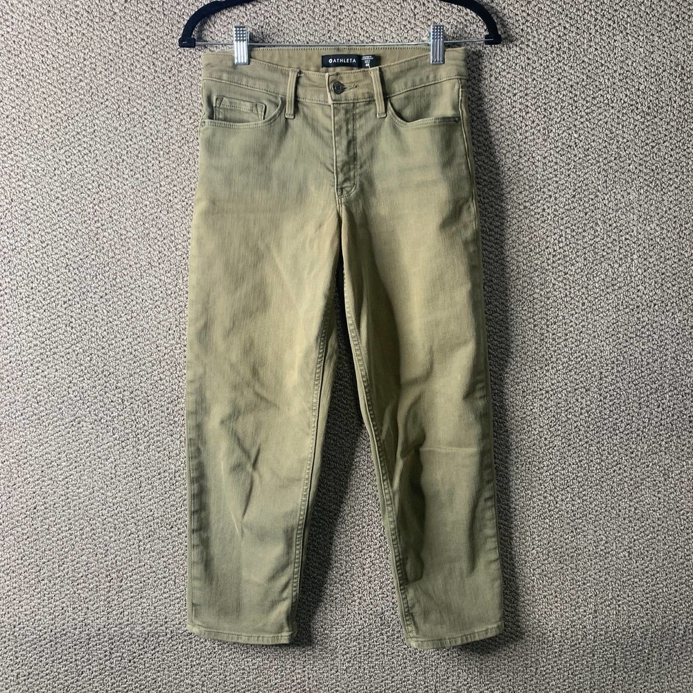 Athleta Womens Jeans Size 4P Olive Green Denim Flex Straight Cropped Mid Rise